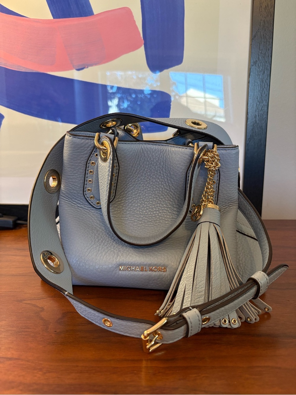 Michael Kors Brooklyn Tote Light Blue Leather Tassel Crossbody Gold Hardware